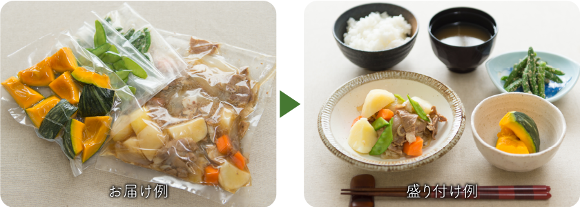 パッキングされたお惣菜　お届け例のイメージと盛り付けられたお惣菜　盛り付け例のイメージ