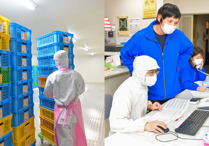 積み上げられたコンテナを整理するスタッフと、パソコンで管理状況などを確認するスタッフ